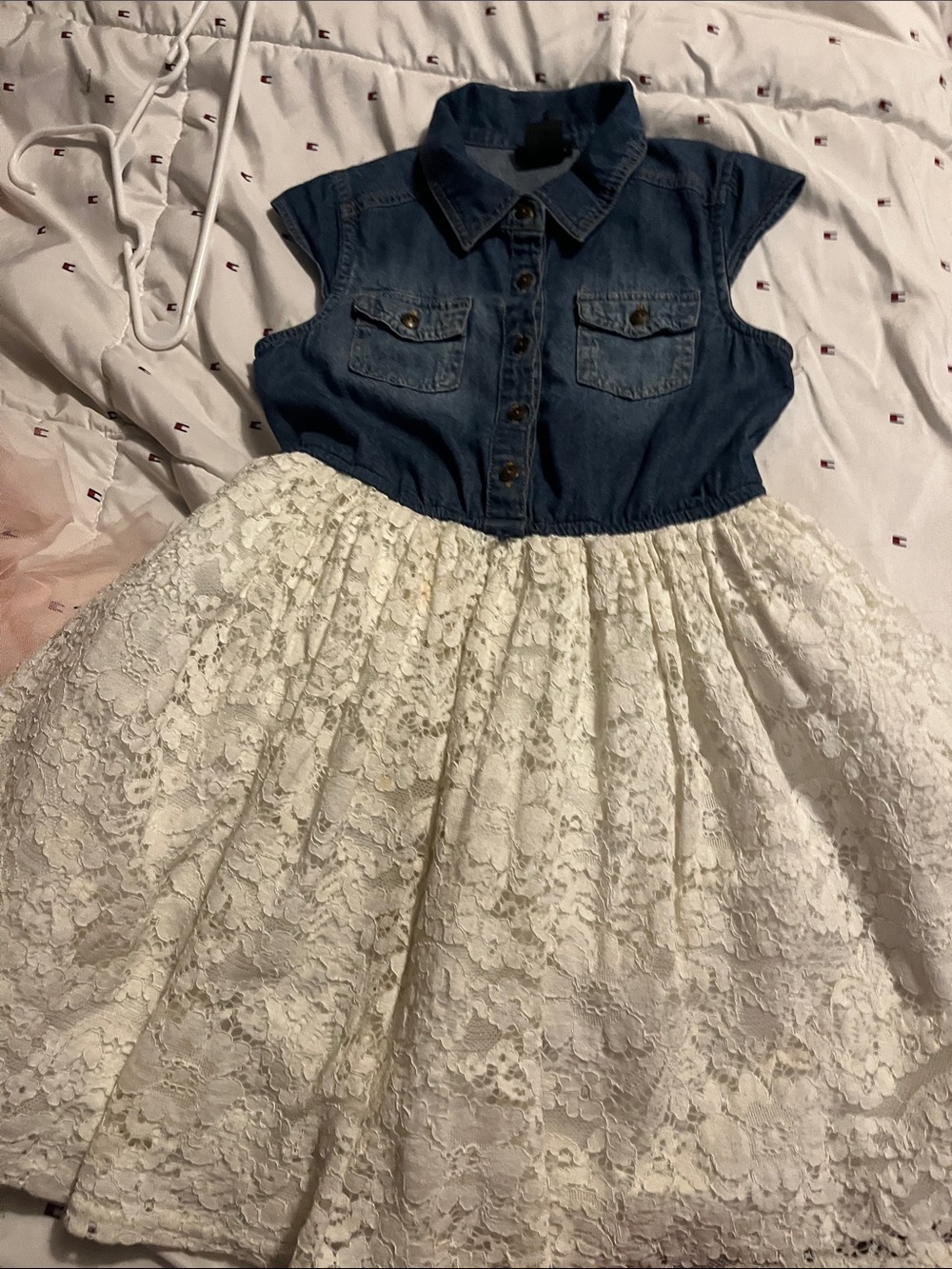 Girls Denim Bodice Lace Skirt Dress - White & Blue